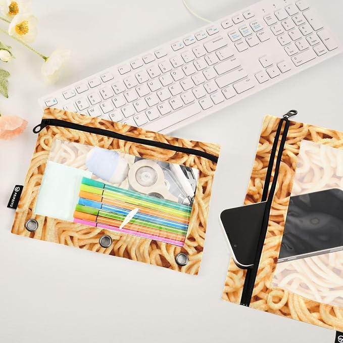 Ramen Noodles Pencil Pouches for 3 Ring Binder 2 Pack | Binder Pencil Case With Zipper Reinforced GrommetsPencil Bags for Office Organizers