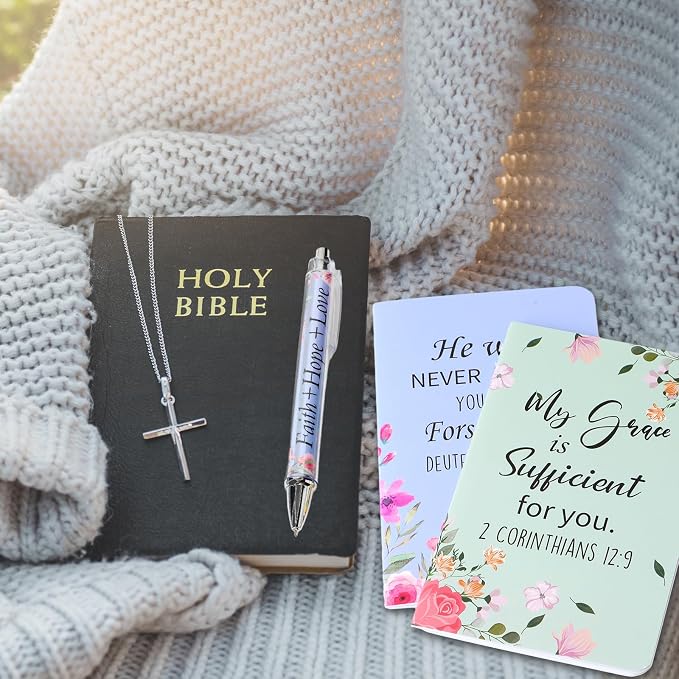 Colarr 12 Sets Christian Bulk Gifts for Women Bible Verse Pens Notebooks Religious VBS Scripture Ballpoint Pens Bookmarks Journal for Easter Sunday School Church Inspirational Supply(Delicate)