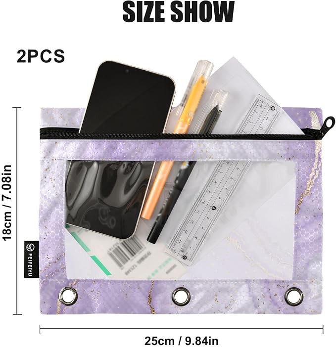 Purple Marble Ripple Pencil Pouch Fits standard 3-ring binders, Zipper Binder Pencil Bag with Clear Window for Class Office 2 Pack