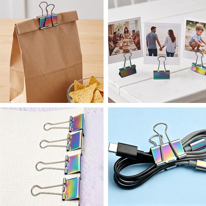 1.25 Inch Rainbow Binder Clips, Medium Paper Clamps for Home Office, 6 Pack | 6 Pcs, Rainbow Paper Clamps, Colorful Binder Clips, for Office Use, Organize Files, Folders, and Documents