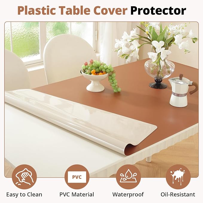 OstepDecor Brown Table Cover Protector 36 x 54 Inch, 1.5mm Thick Plastic Table Cover, Dining Table Protector Pad, Waterproof & Easy Cleaning PVC Desk Mat for Dresser, Coffee & Kitchen Wooden Tabletop