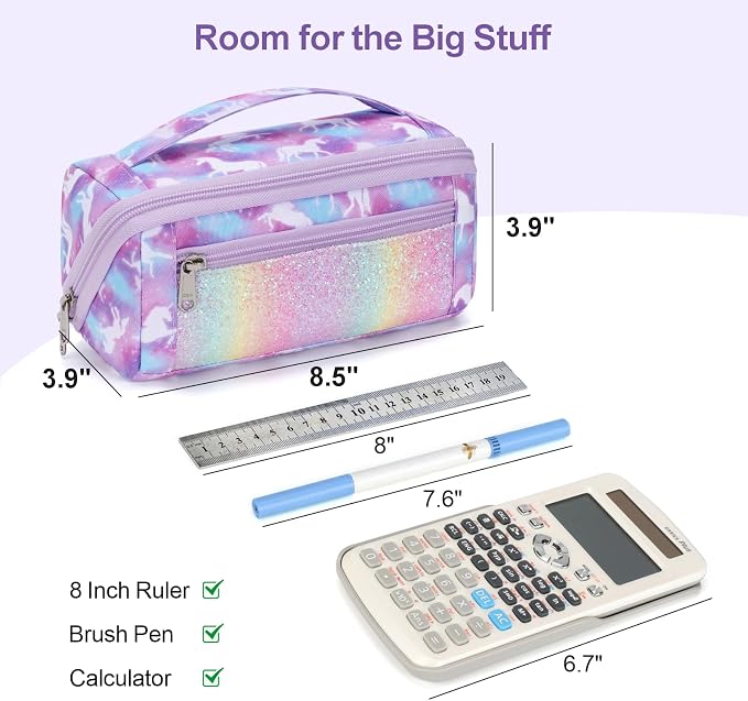 Large Pencil Case for Girls - Aesthetic Pencil Pouch for School | Kids Pencil Case & Wide Handle, Water Resistent Organizer, Box Fits 50 Pens & Markers, Daily Use, Purple Unicorn
