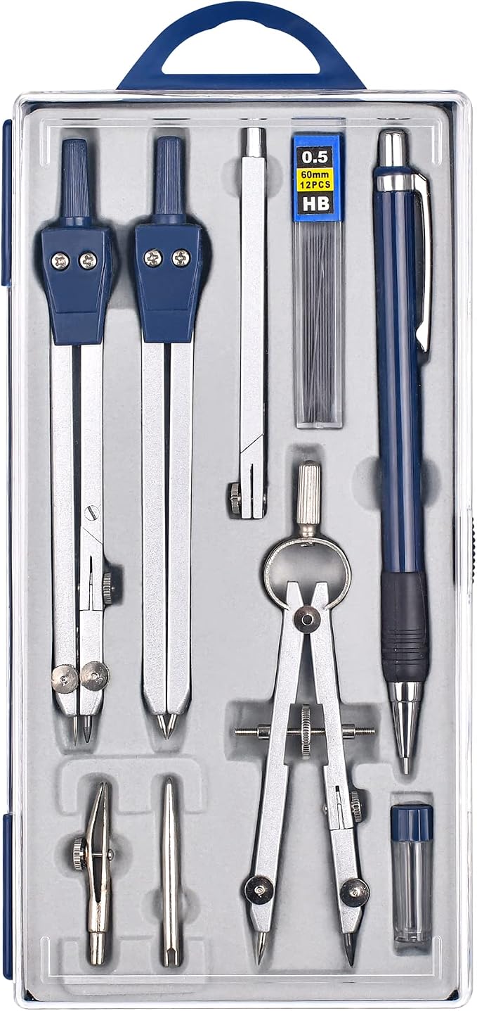 Unjoo 9Pcs Precision Geometry Set Metal Compass,Geometry Tool Set (Blue) | Shatterproof Storage Box, Circle Drafting Tool and Architecture, Drafting Kits for Engineers Students