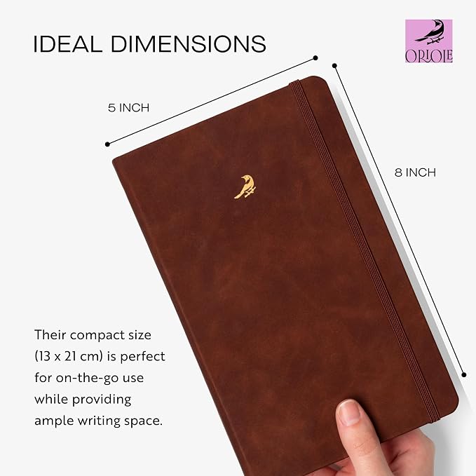 Oriole Vegan Leather Ruled Notebook - Chestnut Brown | 176 Pages of Thick Lined Paper | Soft Touch Hardcover Journal (5 x 8 in) with Gold Foil Bird Design & Luxury Gift Box