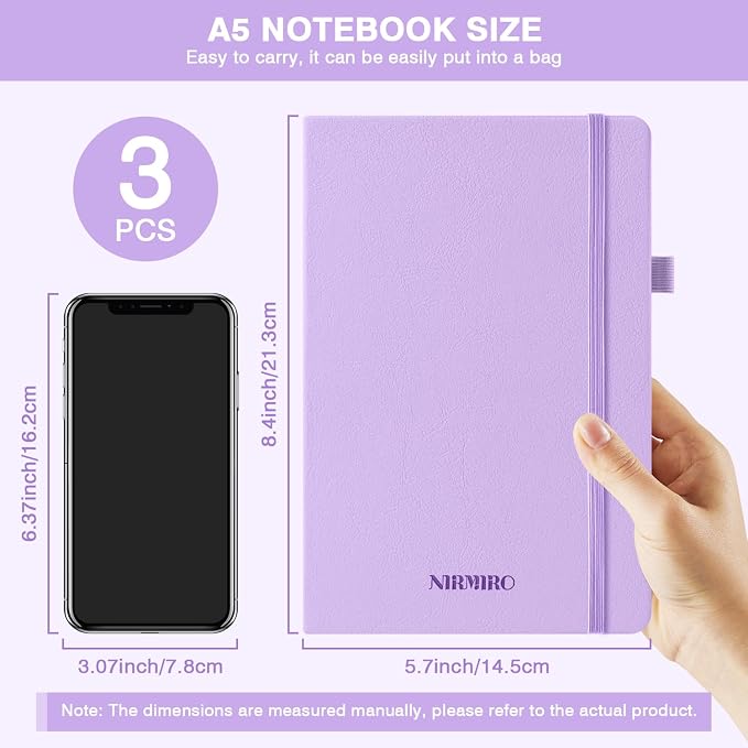 Journal Notebook for Women Men, A5 (5.7"x8.4"), 3 Pack 160 Pages Hardcover Lined Journaling Notebooks with Pen, 100GSM Paper, for Work, Writing, Travel, School Office Supplies, Pink Purple Green