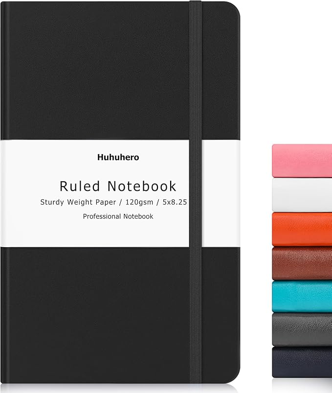 Huhuhero Lined Journal Notebooks for Work, College Ruled 5.25"×8.25", Black | Hardcover Notebooks for Women Men, 120Gsm Thick Ink-proof Paper for Note Taking Writing, Office School Supplies (1, Black)