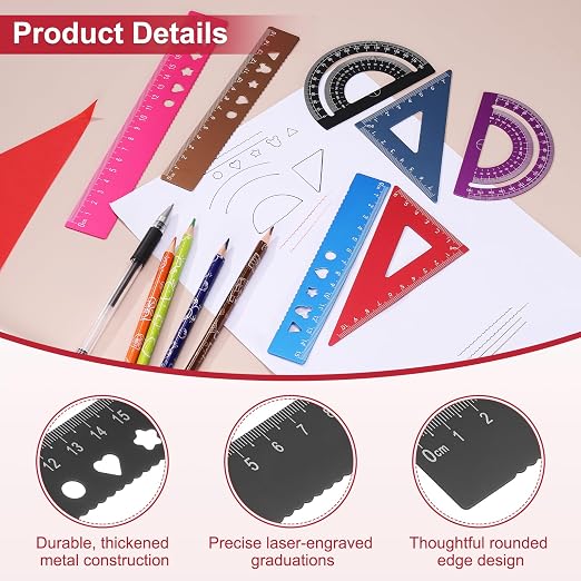 PATIKIL 8 Pcs Geometry Drafting Tool, Aluminum Alloy Geometry Kit Math Tool Includes 15cm L Ruler Protractor Triangles for Drafting Angle Measure Simple Science Experiment, Black