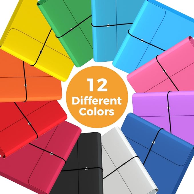 Ansook Plastic File Jackets, Expandable File Folders Letter Size with 2" Expansion, File Folder Organizer with Flap & String Tie, 12 Pack Poly Pocket File Folders for Office School Home – 12 Colors