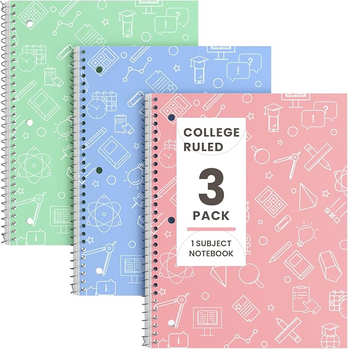Oucaru College Ruled Spiral Notebooks, 8x10.5 Subject Notebook for School | 3 Pack 1-Subject Notebooks with 70 Sheets Per Book, 3-Hole Punched Lined Paper, for Writing Journal, Home & Office