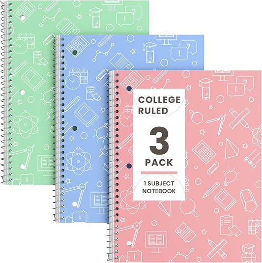 Oucaru College Ruled Spiral Notebooks, 8x10.5 Subject Notebook for School | 3 Pack 1-Subject Notebooks with 70 Sheets Per Book, 3-Hole Punched Lined Paper, for Writing Journal, Home & Office
