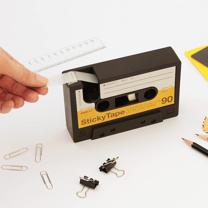 Suck UK Tape Dispenser - Retro Cassette Tape Dispenser Desk - Retro Desk Accessories - Novelty Office Accessories - Sticky Holder - Double Sided Organiser - Old School Stationery Gift - Refillable