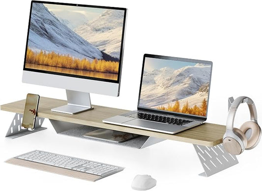 Fenge Dual Monitor Stand, Wooden Desk Shelf with Headphone & Phone Holder | 42.5" Monitor Riser with Storage Shelf, 2-Tier Monitor Shelf with Metal Leg for Home Office Organizer, Oak