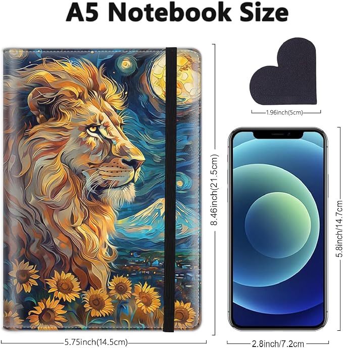 A5 Leather Lined Journal Notebook, 200 Pages Hardcover Executive Notebook for Men Women Office School Note Taking, Thick Writing Paper Daily Journal with Bookmarks/Indexes,Lion The Starry Night