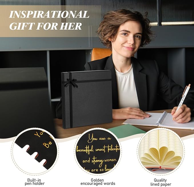 Resurhang 5 Pcs Inspirational Journal for Women Employee Appreciation Gift A6 Leather Journal Glitter Ballpoint Pen with Box for Back to School Teacher Coworker Female Secretary Nurse(Black)