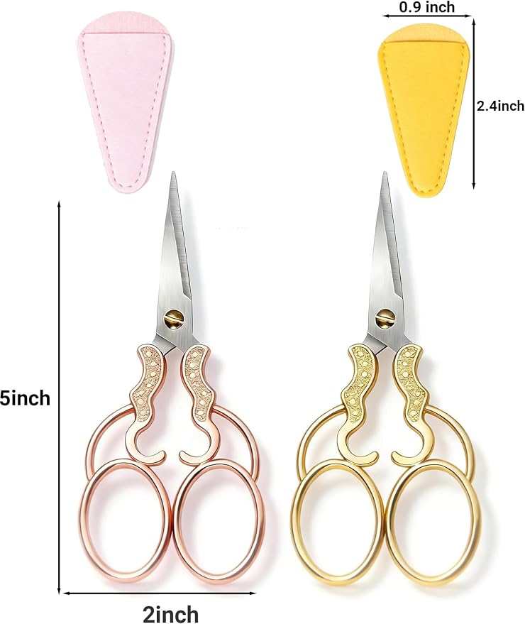 2 PCS Fabric Scissors with 2 Covers- 5-Inch Retro Stainless Steel Precision Scissors, Corrosion & Rust Resistant, Sharp Cutting, Lightweight–Suitable for Embroidery Thread, Paper, Yarn