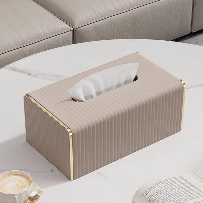 Tissue Box Cover,Beige Rectangle Leather Tissue Box Holders with Gold-Tone Edging Accents,Decorative Tissue Covers for Bathroom Toilet Bedroom Living Room Table Desk Office Car