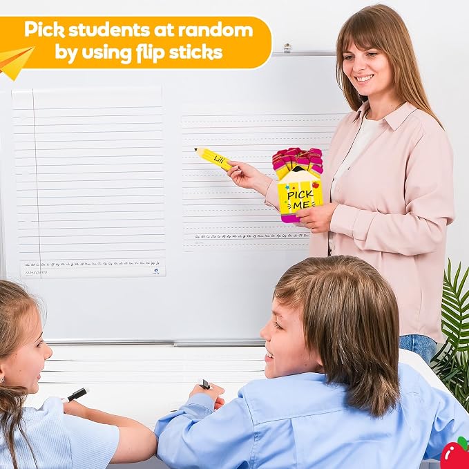 CJiangpo 51Pcs Pencil Flip Name Sticks with Wooden Pencil Shaped Holder | Talking Flip Name Sticks, Classroom Management, Educational and Learning Activities, Grouping Back to School Supplies