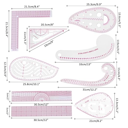 Fashion Clear Metric Sewing Ruler Set,French Curve Pattern Rulers for Beginners, Tailors, Designers, Quilting, Embroidery, Cross Stitch, Crochet, Knitting 9pcs (9-Piece Set)