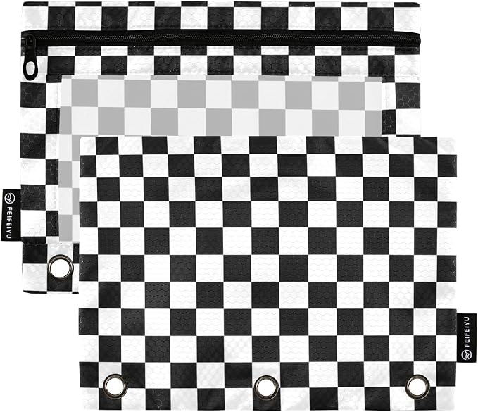 Racing Checkered Flag Pencil Pouches for 3 Ring Binder, Zipper Binder Pencil Case, 2 Pack Clear Window Case Bag for Office Organizers