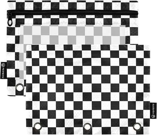 Racing Checkered Flag Pencil Pouches for 3 Ring Binder, Zipper Binder Pencil Case, 2 Pack Clear Window Case Bag for Office Organizers