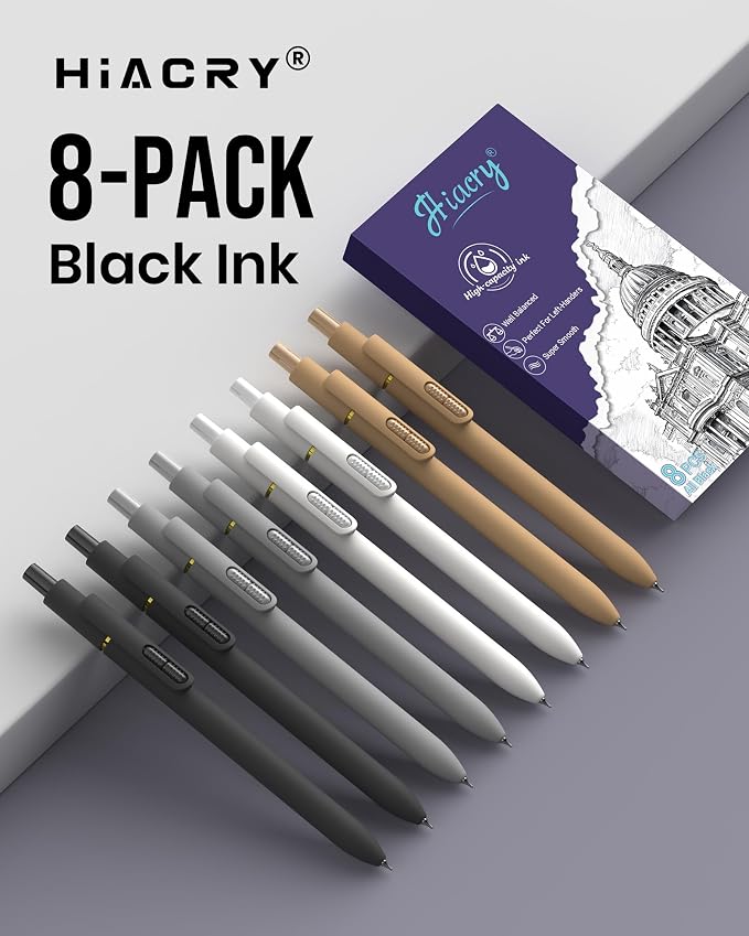 Hiacry 8 Pcs Gel Pens - 0.7mm Fine Point Smooth Writing Black Ink, Quick-Dry Long Lasting Fidget Pens, School & Office Supplies for Men Women（Classic-Black Ink）