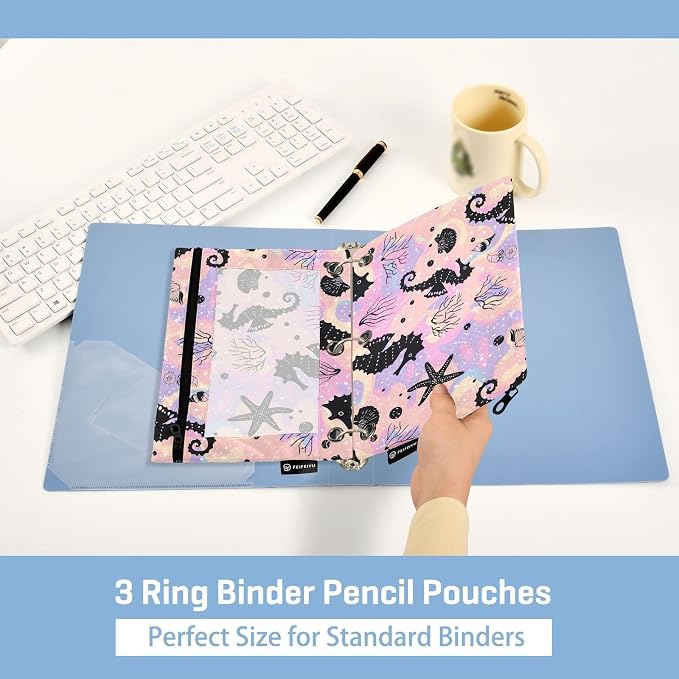Seahorse Star Coral Seashells Pencil Pouch for 3 Ring Binder 2 Pack Zipper Binder Pencil Bag Case with Clear Window Office School Supplies
