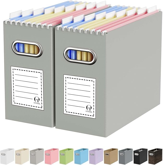 Oterri File Organizer Box, Portable Collapsible Cardboard File Folder Organizer with Handle for Letter Size Hanging Files, Document Storage Box for Home Office & Classroom (2 Packs, Grey)