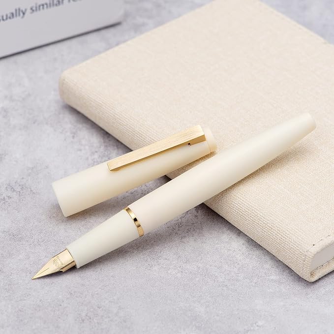 Jinhao 80 Ivory White Fiber Brushed Fountain Pen, Iridium Extra Fine Gold Nib with Ink Converter, Classic Design Smooth Writing Pen (Gold Clip)