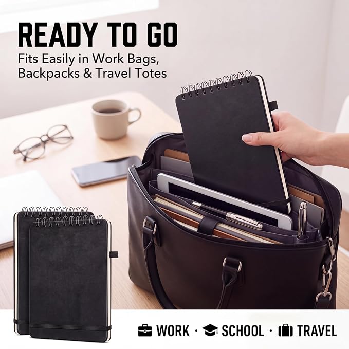 Qeeenar 4 Pack Small Spiral Notebooks 6 x 9 Inch, Black Leather Cover Top Bound Wirebound Notepads with 50 Sheets Lined Pages for Office School Travel Work Daily Notes and Lists