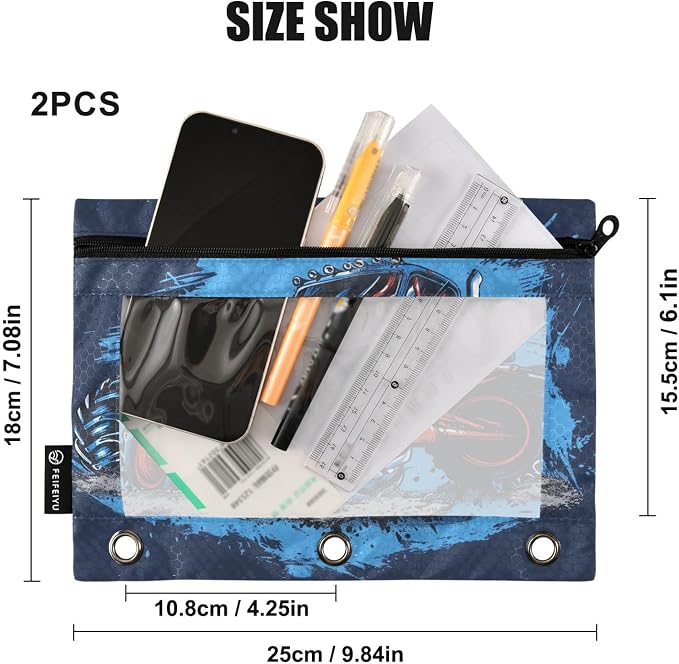 Racing Monster Truck Blue Cartoon Pencil Pouch for 3 Ring Binder 2 Pack Zipper Binder Pencil Bag Case with Clear Window Office Supplies