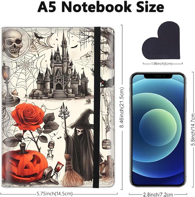 A5 Leather Lined Journal Notebook, 200 Pages Hardcover Executive Notebook for Men Women Office School Note Taking, Thick Writing Paper Daily Journal with Bookmarks/Indexes, Halloween Castle