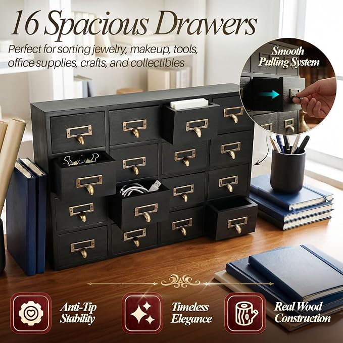 Flexzion Apothecary Cabinet with Drawers - 16 Vintage Drawers, Card Catalog Cabinet, Black Wooden Tabletop Desktop Organizer for Home Office, Jewelry, Makeup, Tools & Small Item Storage