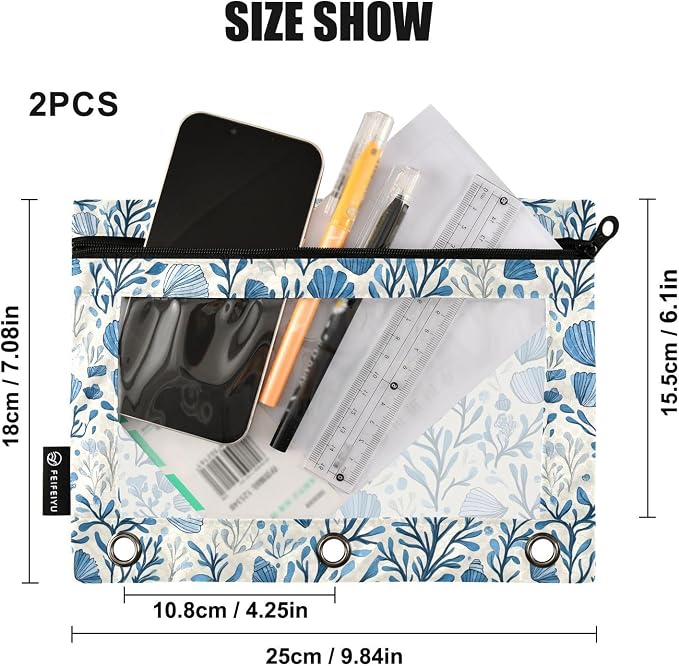 Blue Scallop Seaweed Nautical Coastal Pencil Pouch for 3 Ring Binder 2 Pack Zipper Binder Pencil Bag Case with Clear Window Office School Supplies