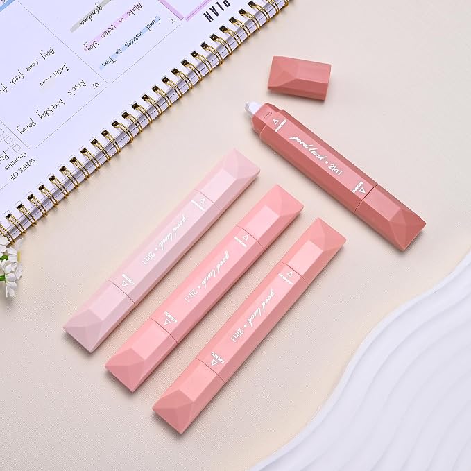 Temiary 4 Pcs 2 in 1 White Correction Tape and Double Sided Roller Set, Aesthetic Smooth Pull Out Tapes with Adhesive Glue Tape Roller Runner for School Office Supplies (Pink)