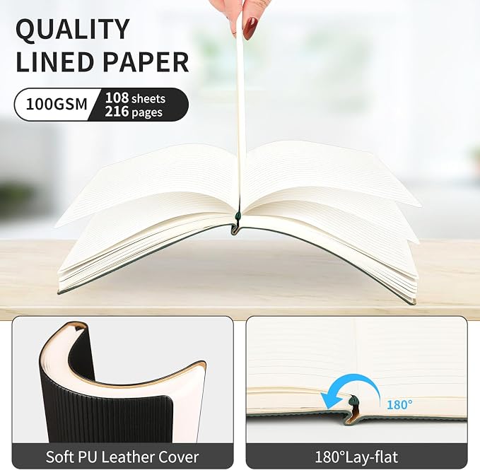 TSFPapier A5 Lined Notebook with Pen & Gift Box 216 Pages PU Leather Journals for Women Men 100GSM Thick Paper College Ruled Notebook for Gifts,School,Travel,Business,Work,Home Writing (Black)