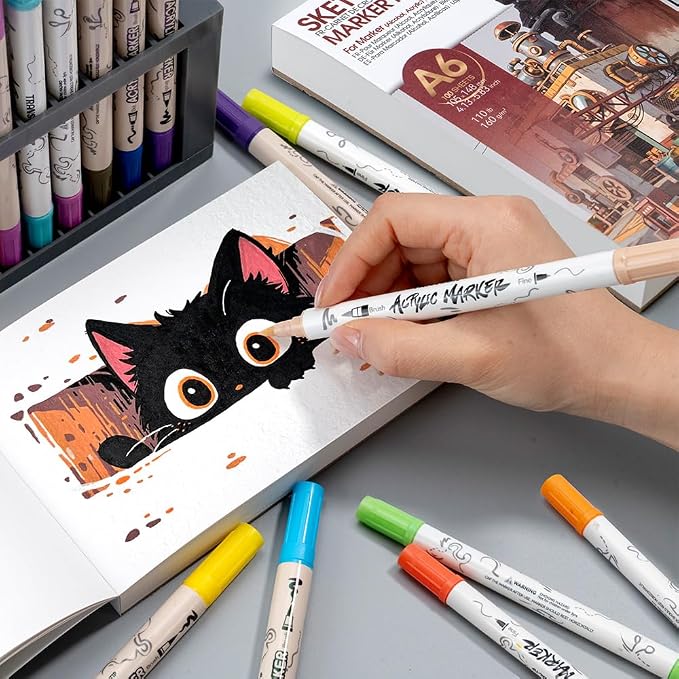 TRANSON 3 Pack A6 Mini Sketchbook Marker Pad, 110lb/160gsm Heavyweight Art Paper, No Bleed Through, 100 Sheets/200 Pages 4.13"x5.83" for Drawing & Sketching