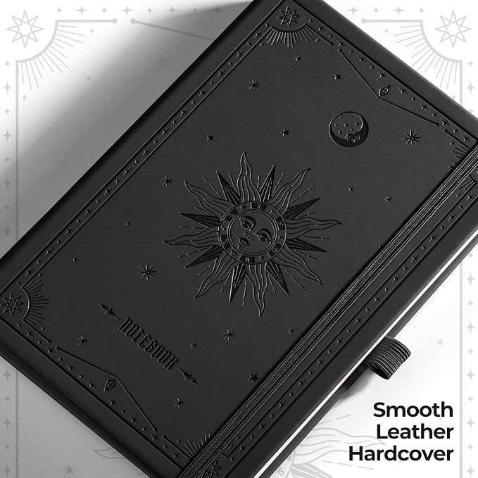 EMSHOI Dotted Journal Notebook, 320 Pages, A5 Size (5.7'' x 8.3'') | Leather Hardcover, 100 GSM Thick Paper, for Journaling, Planning, Tracking & Sketching, Sun Debossed (Black)