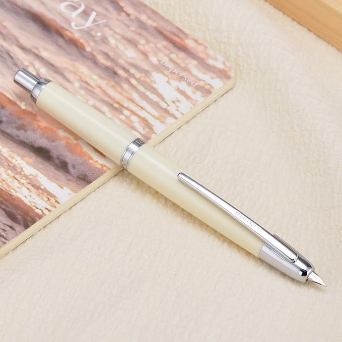 Jinhao 20 Press Retractable Fountain Pen Medium Nib with Converter Resin Writing Gift Pen, Ivory with Silver Clip