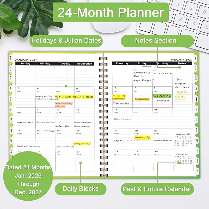 Monthly Planner 2026-2028,2 Year Monthly Calendar Planner,JUL 2026-JUN 2028 | A4(8.5" x 11"),24 Months Planner with Tabs, Spiral Bound, PVC Cover, Inner Pocket for Student, Teacher, School and Office Use