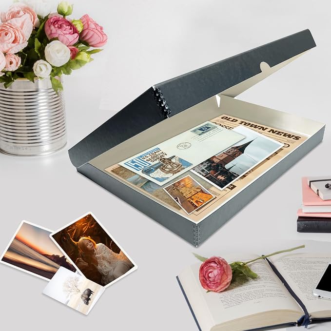 Lineco Clamshell Archival Storage Box, 16.5x20.5x1.75 Inch, Gray | Acid-Free with Metal Edge Boxboard, Organize and Store Photos Documents Cards Negatives Magazine Prints Family Records DIY