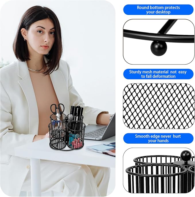 360 Rotating Pen Holder - Large Pencil and Marker Organizer with 4 Slots - Desk Caddy Accessories for School, Office, Home (Black)