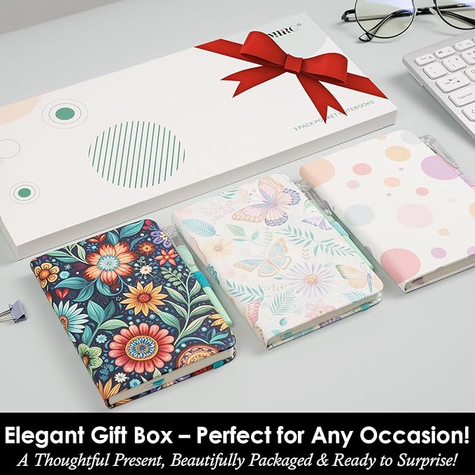 NIRMIRO (3 Pack) Aesthetic Small Journal Notebook, A6 (3.7" x 5.7") Mini Pocket Notebook with Pen, 100GSM Lined Paper, Cute Small Journal for Kids/Girls/Women, Colorful Bubbles Butterfly Floral