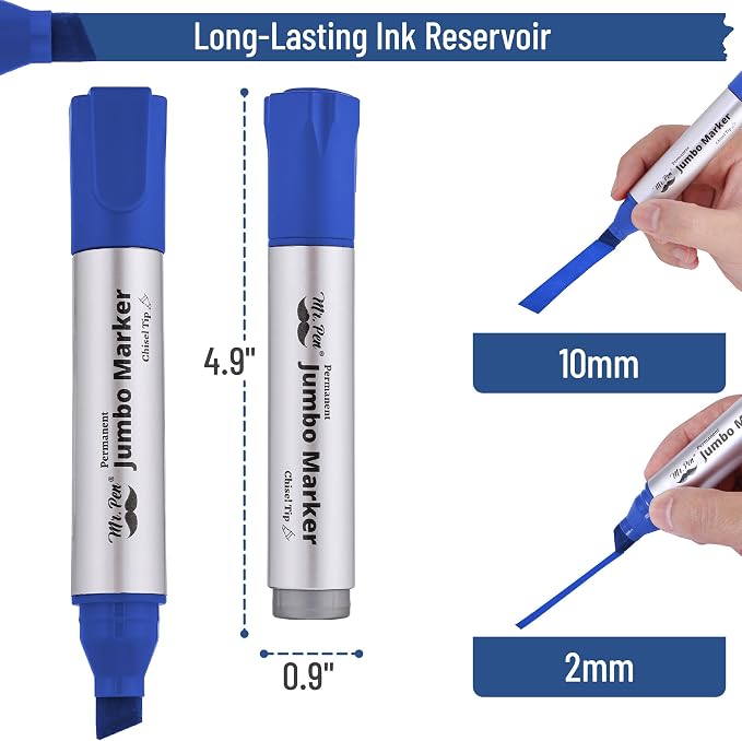 Mr. Pen- Jumbo Permanent Markers, 4 Pack, Blue, Chisel Tip, Wide Tip, Large | Thick Permanent Markers for Canvas, Posters Board, Fabric, Window, Glass, Wood, Waterproof, Quick Dry