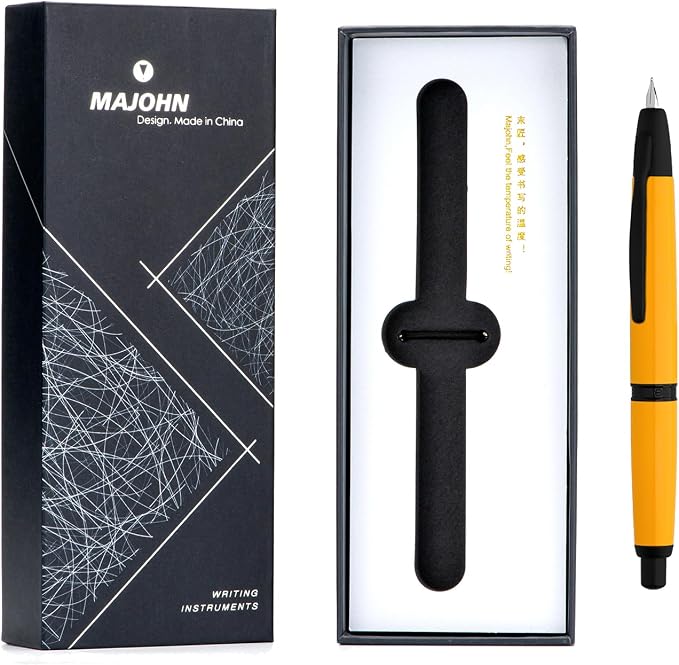 erofa Majohn A1 Press Fountain Pen Fine Nib with Box, Retractable Orange Metal Ink Pen with Converter Writing Set (Black Clip Version)