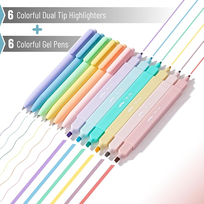 Mr. Pen- Dual Tip Aesthetic Highlighters and Gel Pens, 12 Pack | Pastel Colors Bible Highlighters No Bleed, Colored Ink Gel Pens, Fast Dry and No Smear for Bible Journaling, Planner
