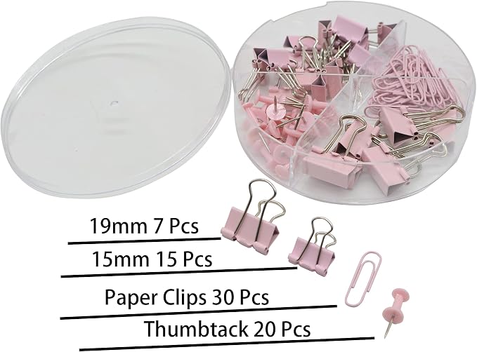 72 Pcs Pink Small Binder Clips, Paper Clips and Thumbtack for Office Work School and Home Supplies (72pcs Mixed, Pink)