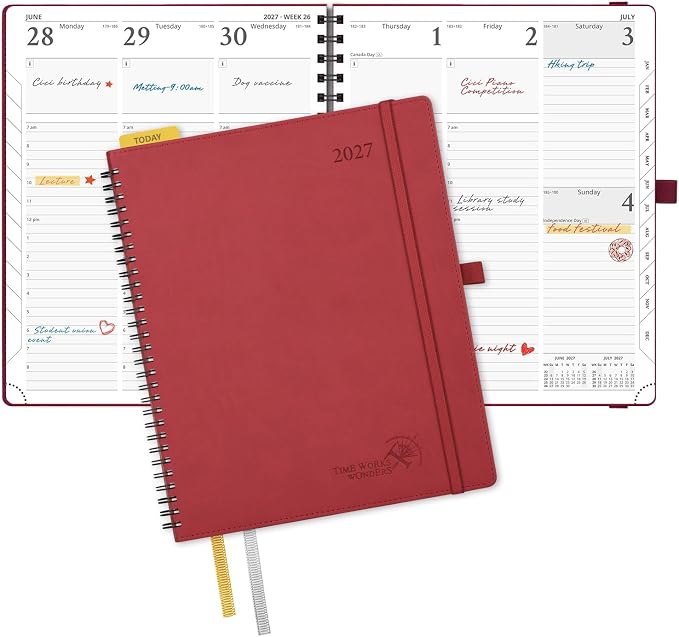 POPRUN 2027 Planner, 8.5'' x 10.5'', Weekly and Monthly Daily Calendar Book | 2027 Agenda(Jan - Dec) Appointment Book with Hourly Time Slots, Monthly Tabs, 100GSM, Spiral Leather Cover - Burgundy