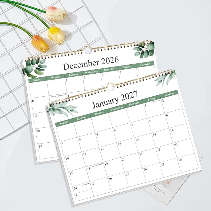 2026-2027 Calendar - Calendar 2026-2027 from July 2026 - December 2027, 19 Months Calendar with Premium Paper, Twin-Wire Binding & Hanging Hook, 12" x 14.5", Green Leaf