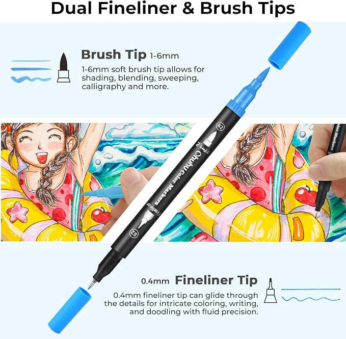 Ohuhu Adult Coloring Book Markers 100 Color Dual Tip Water-Based-Maui-Black | No Bleed Coloring Markers Fineliner & Brush Drawing Pens Art Pens for Kids Adults Sketch Journal