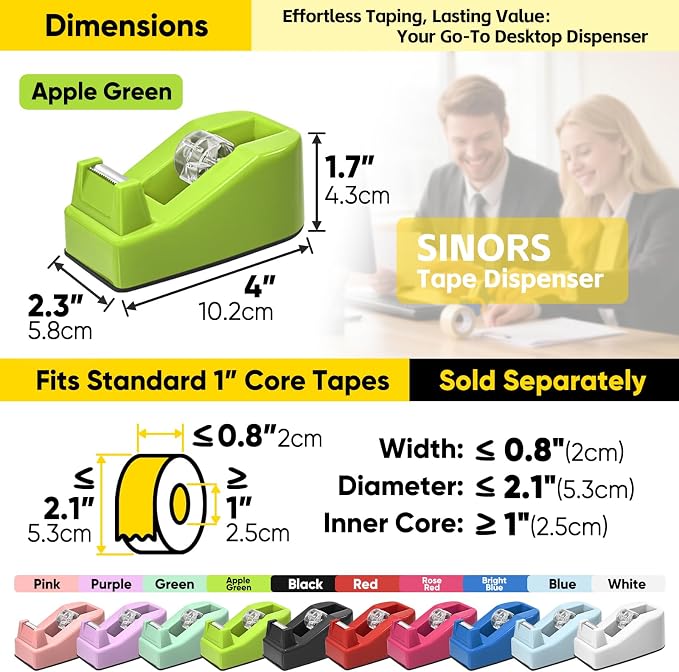 Desktop Office Tape Dispenser, Fits Standard 1-Inch Core Tapes, Weighted Non-Slip Base, Sharp Metal Blade, Smooth Cutting, Adhesive Roll Holder for Office, School, Shop, Home & Business - Apple Green